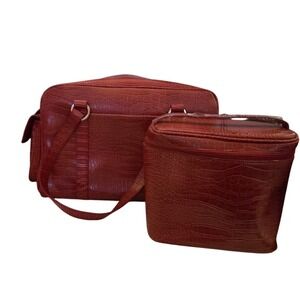 Vintage Red Faux Croc Travel Bag and Train Case Set 2 Piece Weekend Set